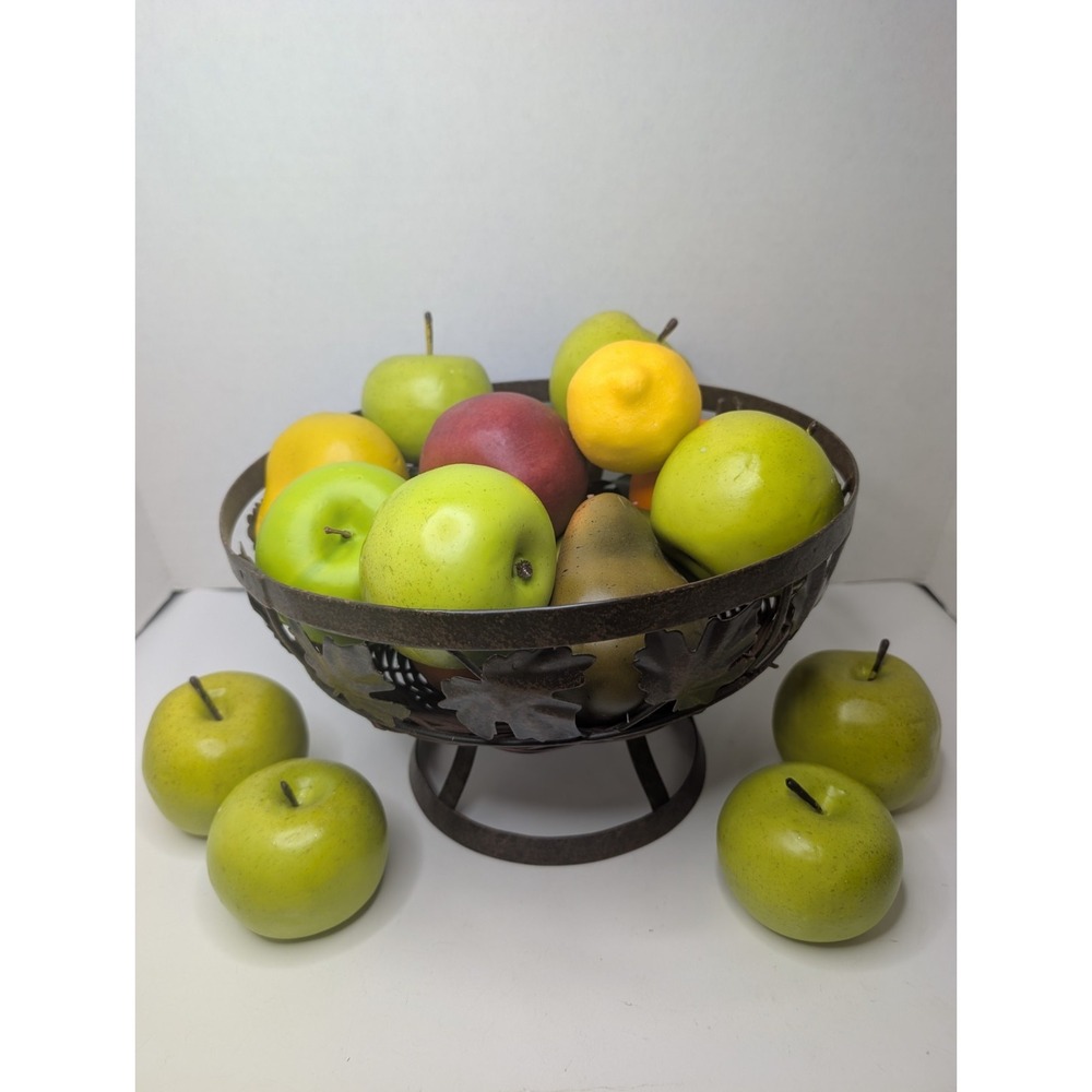 Realistic Vintage Faux Fruit Bowl Metal Basket 16 Pc Kitchen Grapes Apples Pears